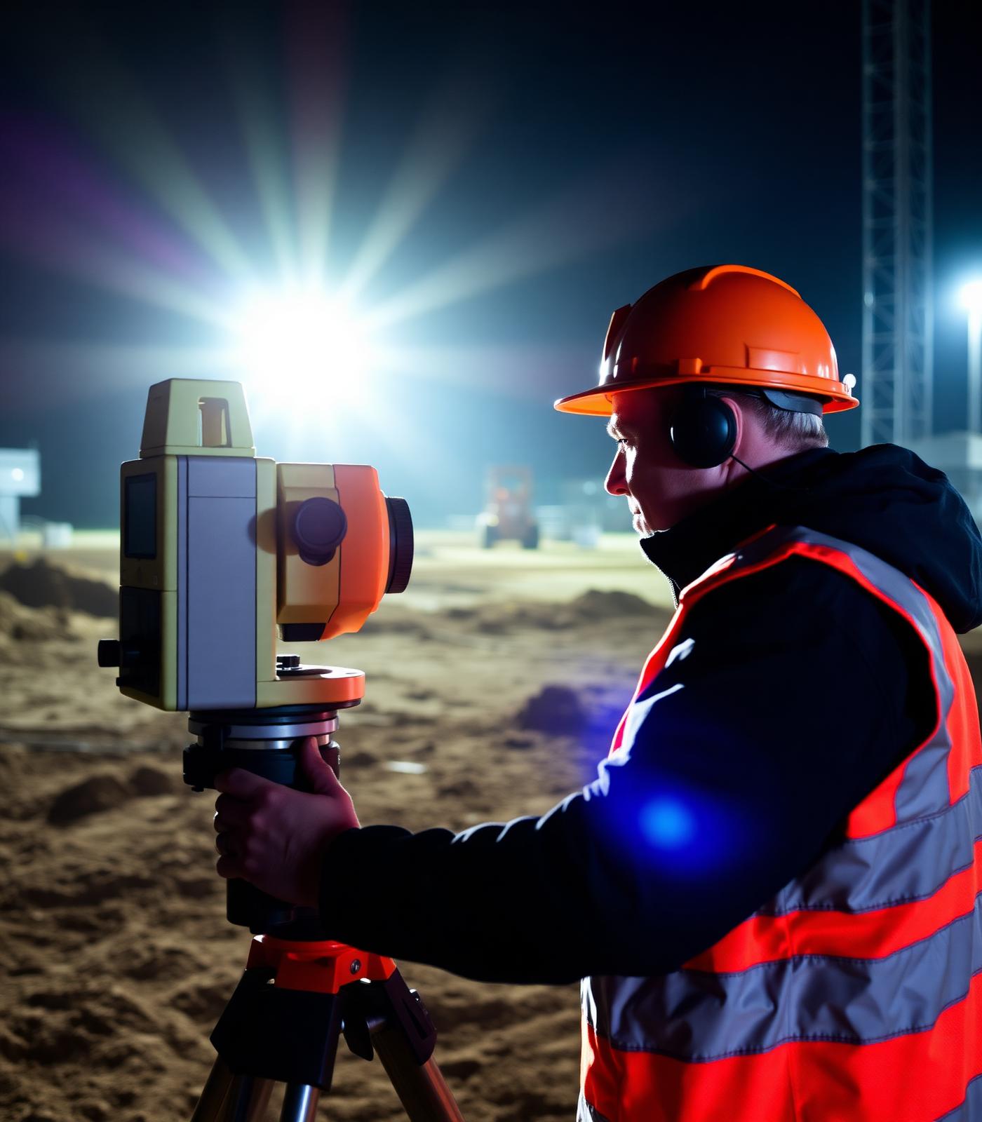 Meridian site engineer operating laser-guided total station survey equipment under floodlights on a commercial groundworks site at night