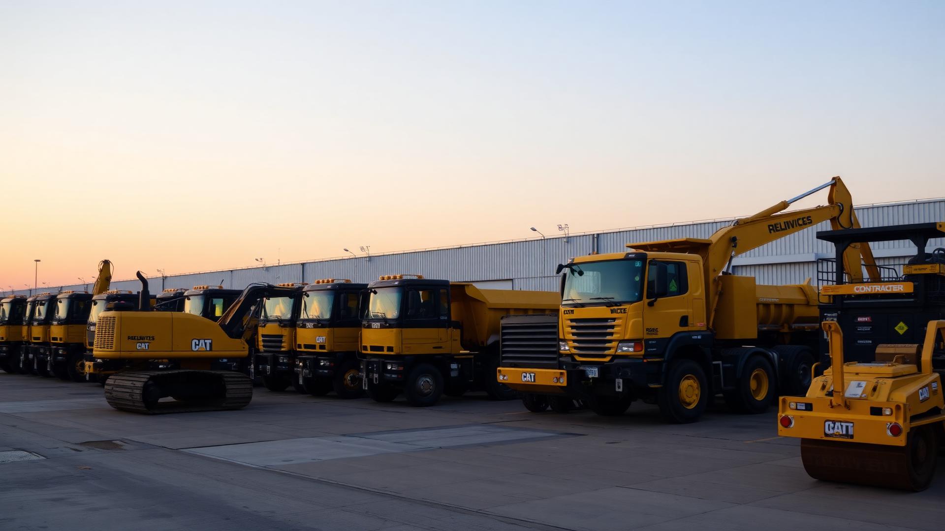Row of yellow heavy plant machinery — excavators, articulated dump trucks and dual-drum rollers parked at contractor depot at dawn